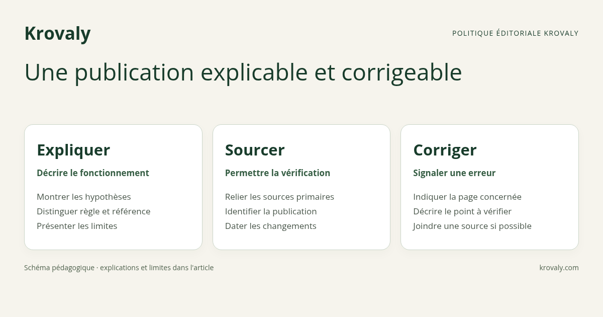 Schéma des principes éditoriaux Krovaly : expliquer l'outil, citer les sources et corriger les erreurs signalées.